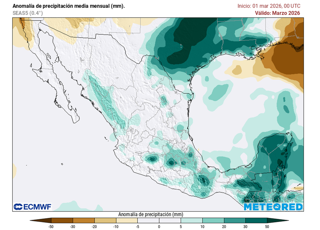 El Modelo ECMWF muestra mayor cantidad de precipitaciones en estados del noreste, centro, oriente y sureste donde sería mas lluvioso. Granizo y viento serán probables en eventos severos.
