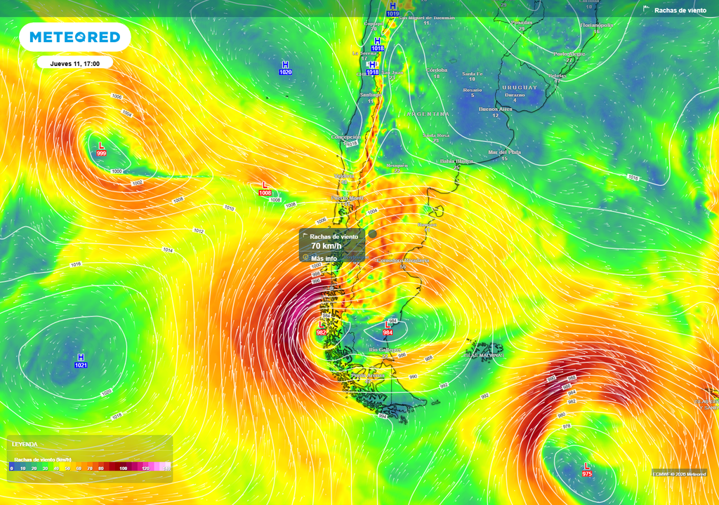 mapa de rachas de viento El modelo ECMWF proyecta rachas intensas de viento sobre la zona sur y austral durante la tarde del jueves 11 de junio, asociadas al avance de un frente frío. En Los Lagos podrían alcanzar hasta 70 km/h, mientras que en Aysén podrían llegar a 90 km/h.