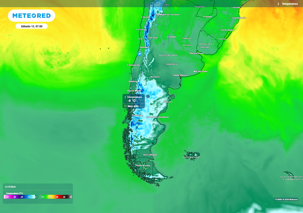 Se espera un marcado descenso de temperaturas durante la mañana del sábado 13 de junio, asociado al ingreso de una alta presión fría. Las heladas más intensas se concentrarían en sectores de Los Lagos y Aysén, donde los valores podrían bajar hasta cerca de -8 °C.