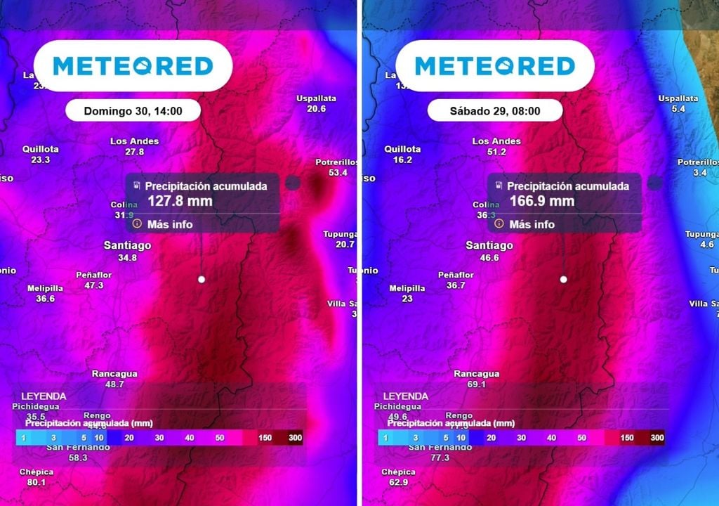 Modelos coinciden: entre martes y domingo ambos modelos prevén más de 100 mm acumulados en zonas de la cordillera metropolitana.