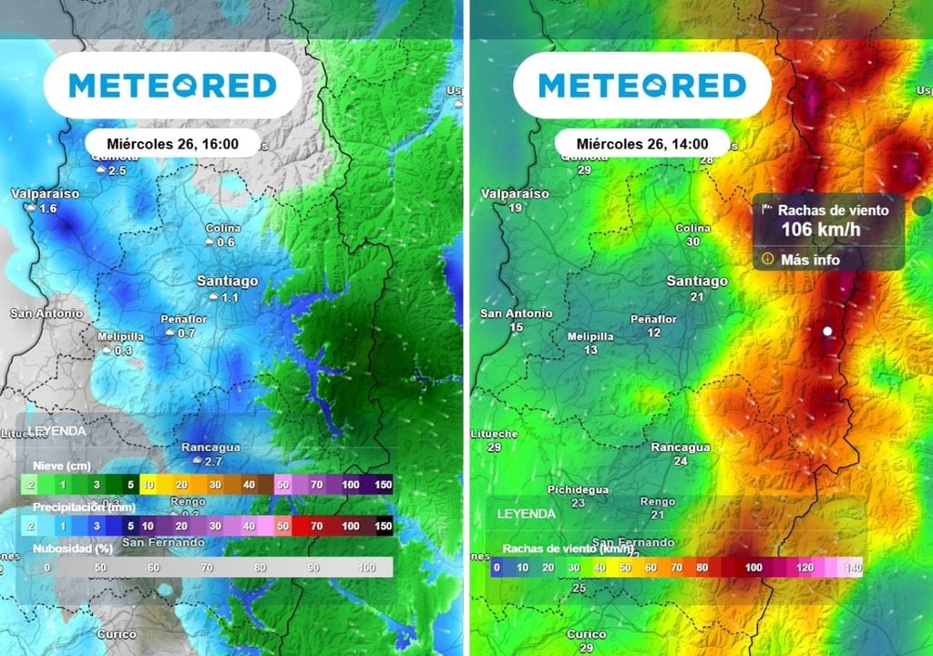 Además de las precipitaciones tendrán mucha relevancia este miércoles las rachas de viento en sectores de la cordillera que alcanzarían los 100 km/h.