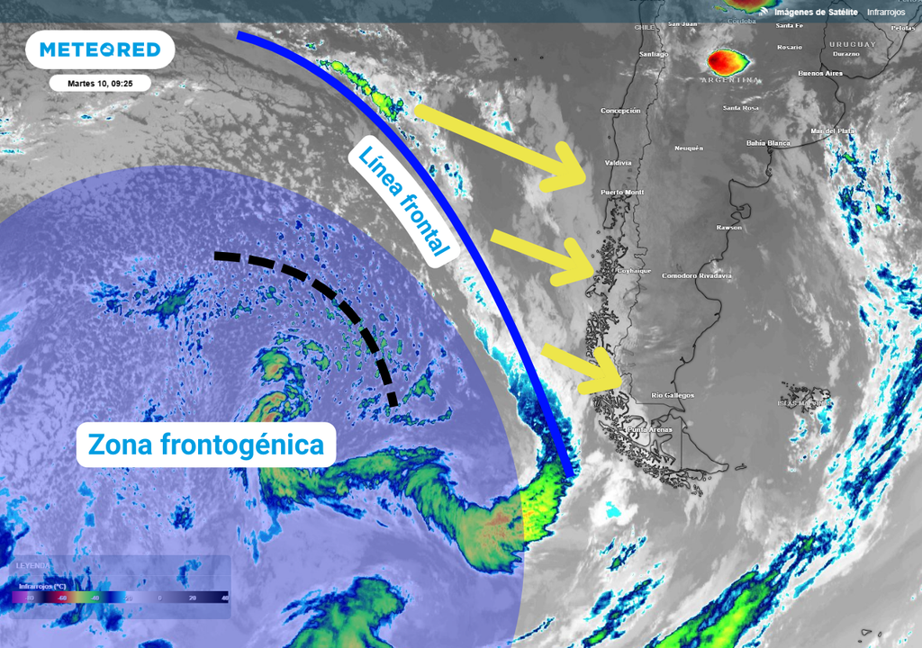 La zona frontogénica continuará dando vida a áreas de inestabilidad, que posteriormente avanzarán como líneas frontales hacia Chile.