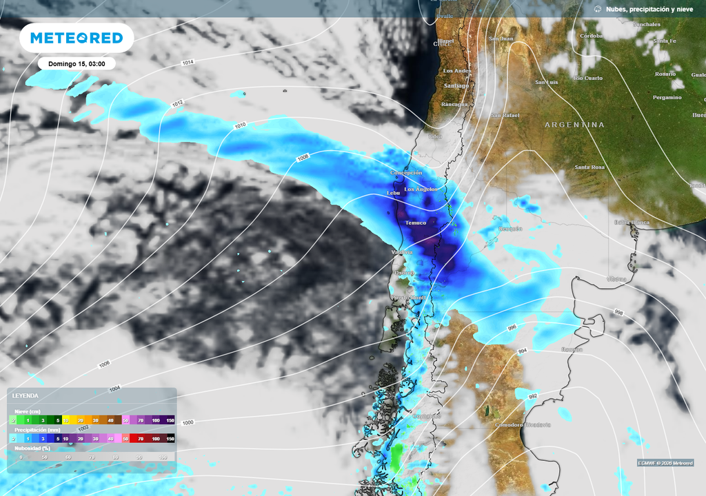 El avance de la masa de aire frío ayudará a que los frentes se intensifiquen sobre el sur y centro sur, dejando precipitaciones abundantes.