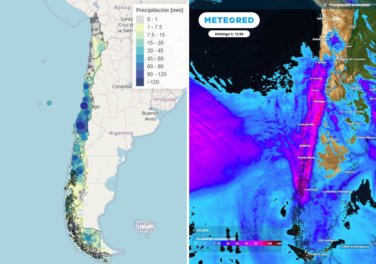 Precipitaciones acumuladas entre las 14:00 h del día 30 de julio y las 02:00 h del día 01 de agosto, versus precipitaciones previstas para el fin de semana.