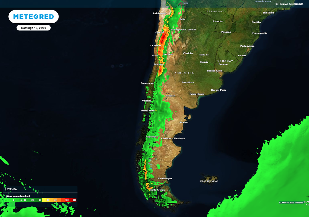 nieve acumulada La nieve caerá sobre los Andes del Norte, Centro, Sur y zona Austral de Chile esta semana. Habrá sectores que totalizarán más de 1 metro de nieve nueva acumulada a lo largo de la semana.