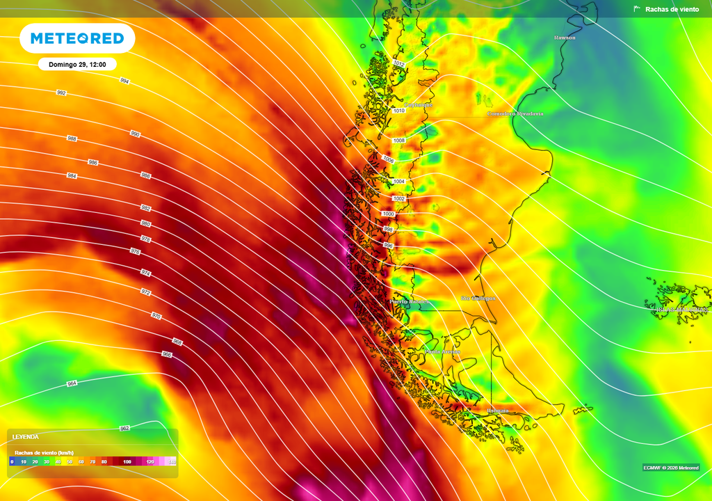 rachas de viento previstas La segunda banda frontal llegará con vientos más debilitados en la Región de Aysén, pero que se potenciarán sobre la provincia de Última Esperanza, en la Región de Magallanes.