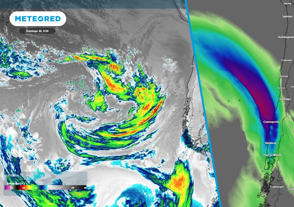 imagen satelital reciente y río atmosférico previsto por el modelo del ECMWF