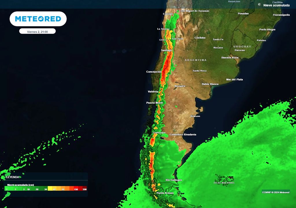 nieve acumulada prevista según el modelo del ECMWF nieve acumulada prevista según el modelo del ECMWF