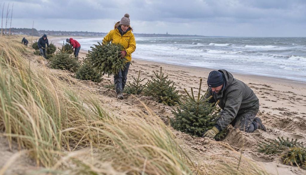 Voluntarios entierran miles de pinos de Navidad en la playa para salvar la costa británica de la erosión. El proyecto inglés aprovecha los pinos desechados en Navidad para retener arena y proteger cientos de viviendas frente a los temporales. Imagen: IA.
