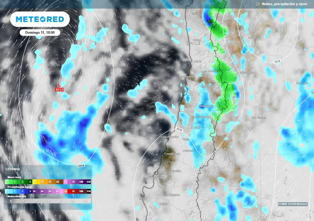 precipitaciones con isobaras Este domingo comenzaría a afectar con mayor intensidad este nuevo ciclón extratropical, con chubascos débiles en algunas localidades centrales.
