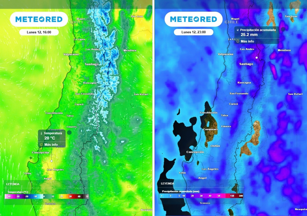 temperatura y acumulado de precipitación Este lunes se esperan temperaturas templadas y precipitaciones entre Valparaíso y Biobío hacia la tarde.