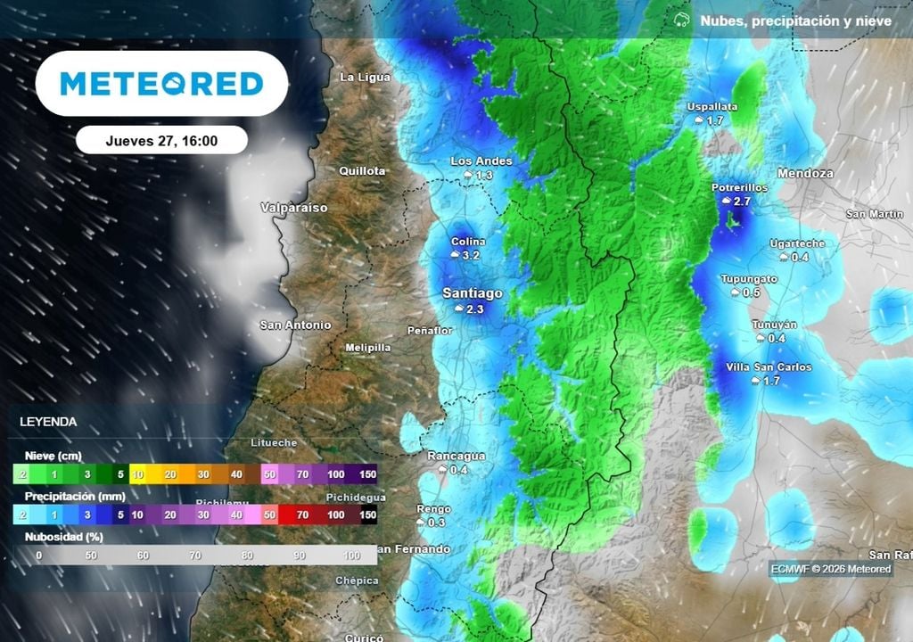 Seguirán las lluvias este jueves en Santiago: la mayor intensidad se concentra en sectores del oriente de la ciudad.