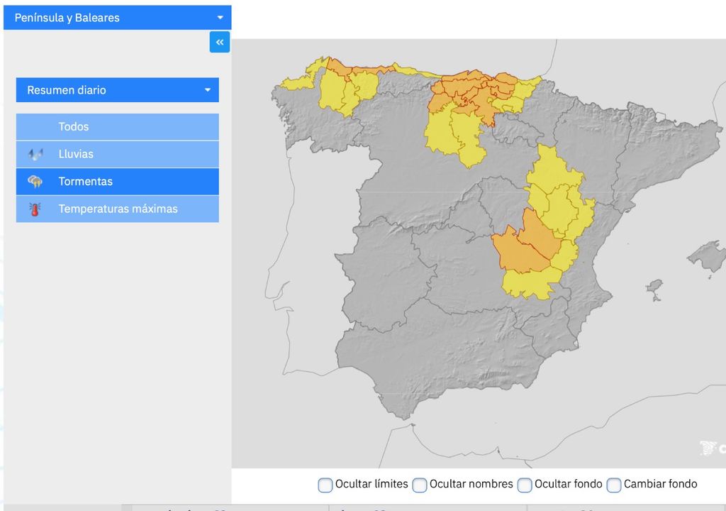 Avisos por tormentas activos por parte de la AEMET para esta próxima tarde.