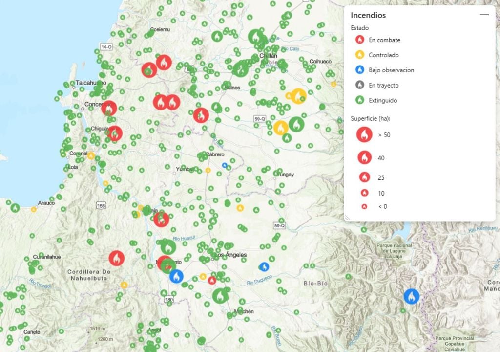 mapa incendios CONAF Situación actual de incendios en combate, controlados, bajo observación y extinguidos entre Biobío y Ñuble. Fuente: CONAF