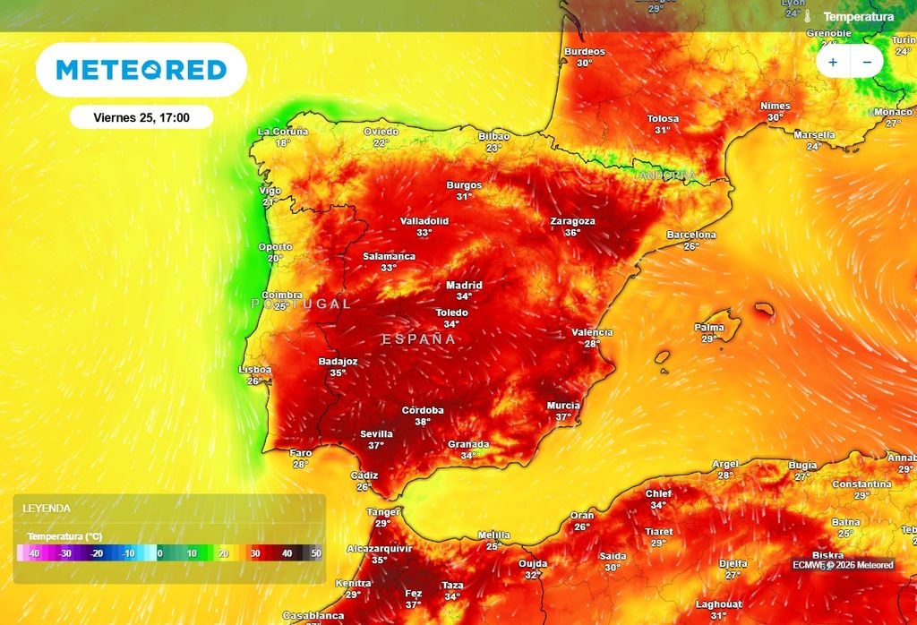 El viernes se alcanzarán los 38 ºC en el valle del Guadalquivir, según el modelo europeo. Unas cuantas capitales más rondarán o pasarán de los 35 ºC.