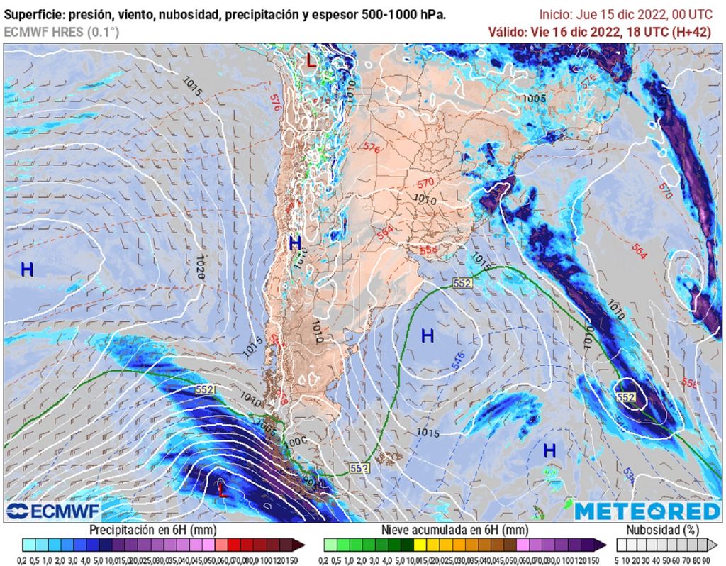 Presión y precipitación prevista; modelo ECMWF Presión y precipitación prevista; modelo ECMWF