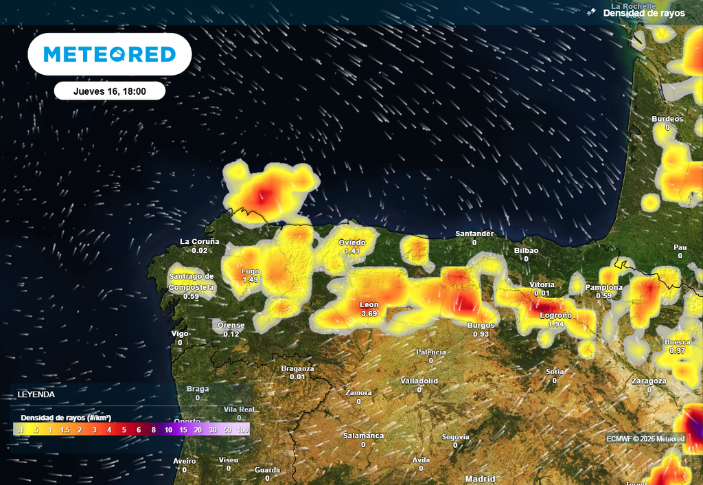 Las tormentas irán acompañadas de bastante aparato eléctrico en algunas zonas del tercio septentrional, según el modelo europeo.