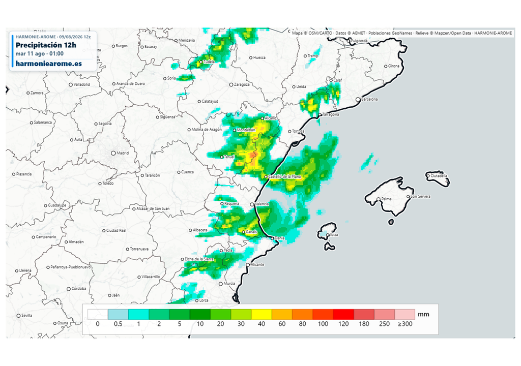 El modelo Harmonie prevé aguaceros muy intensos esta tarde en la mayoría de las regiones del este peninsular. Fuente: Harmoniearome.es