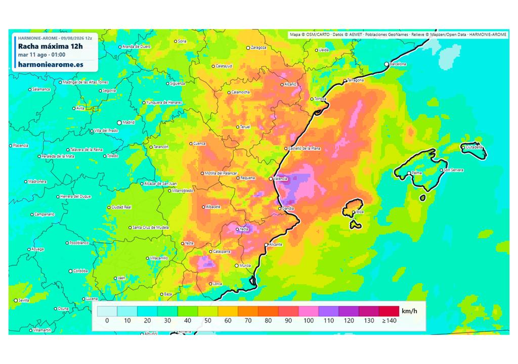 Atención a los vendavales y reventones que podrían acompañar a las tormentas de las próximas horas: el Harmonie prevé picos de más de 90 km/h. Fuente: Harmoniearome.es