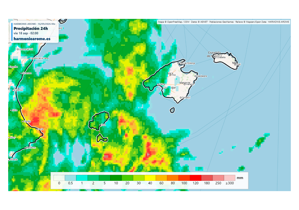 Las precipitaciones podrán ser localmente fuertes o muy fuertes en Baleares, aunque con mucha irregularidad. Fuente: Harmoniearome.es