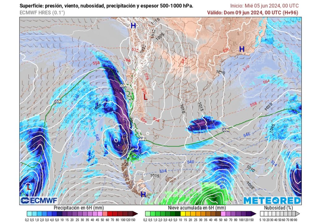 presión y precipitaciones previstas por el modelo del ecmwf