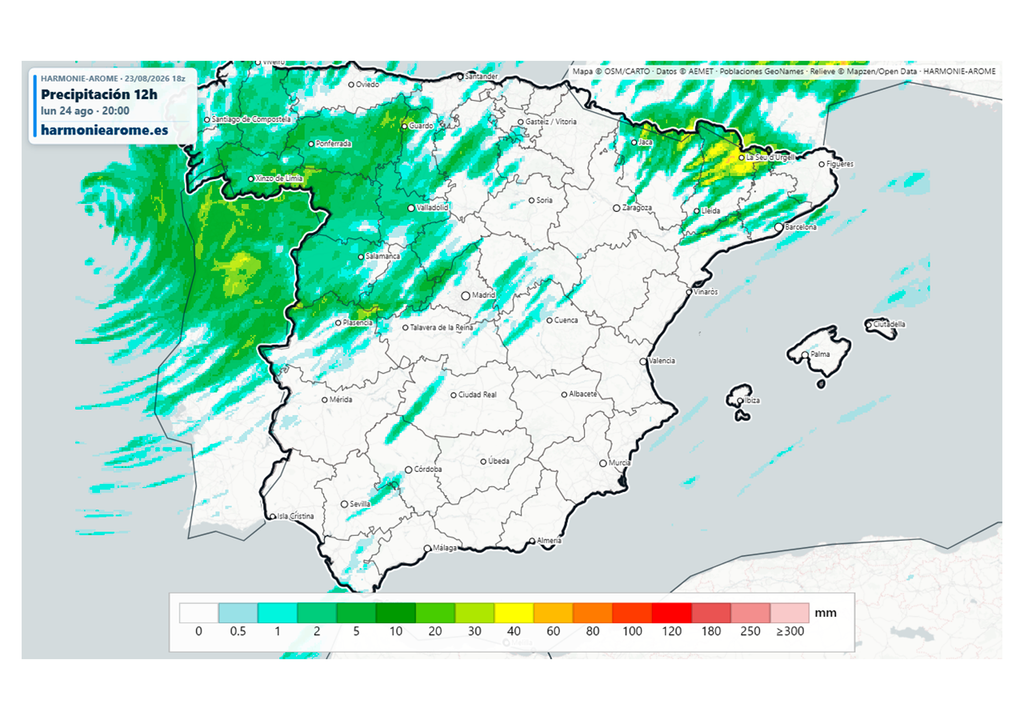 El modelo Harmonie de la AEMET señala la posibilidad de aguaceros tormentosos intensos en varias comunidades en las próximas horas. Fuente: Harmoniearome.es