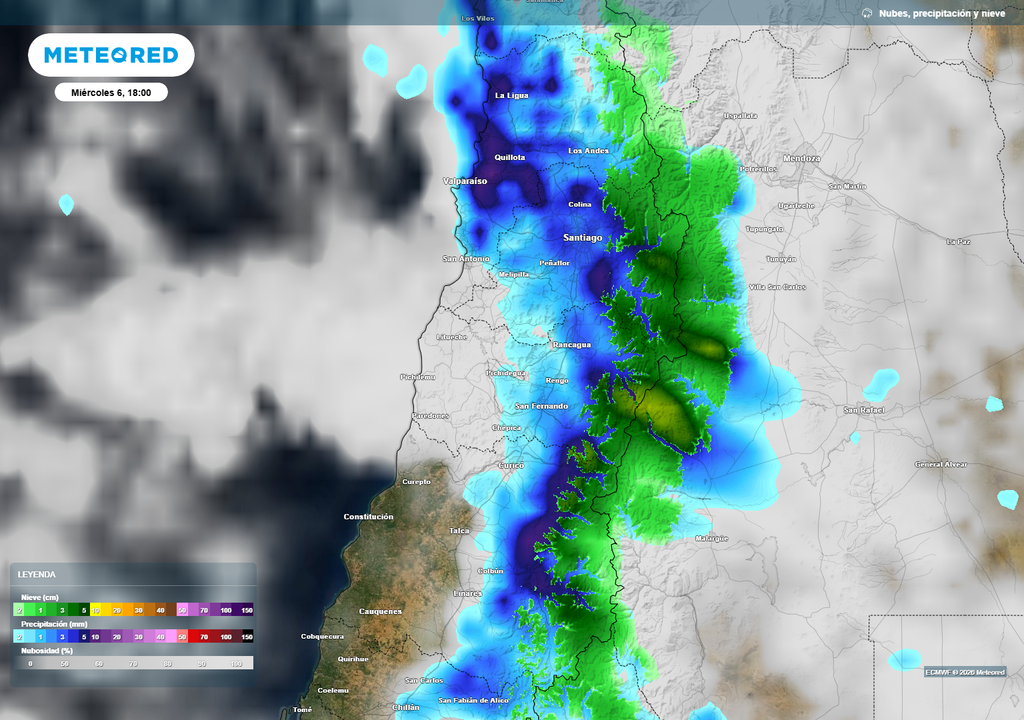 Además de lluvias, este frente dejará una generosa cubierta de nieve en los Andes centrales..
