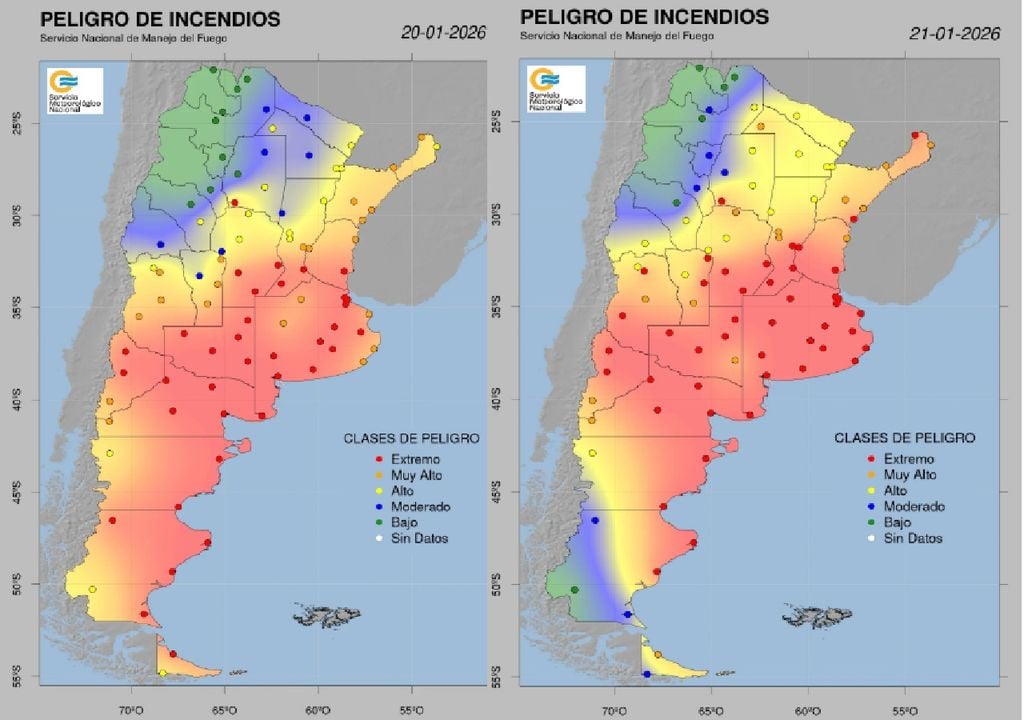 Mapas de peligro de incendios forestales, a la izquierda para el martes 20 de enero, a la derecha para el miércoles 21 de enero. Créditos: Servicio Nacional de Manejo del Fuego y Servicio Meteorológico Nacional