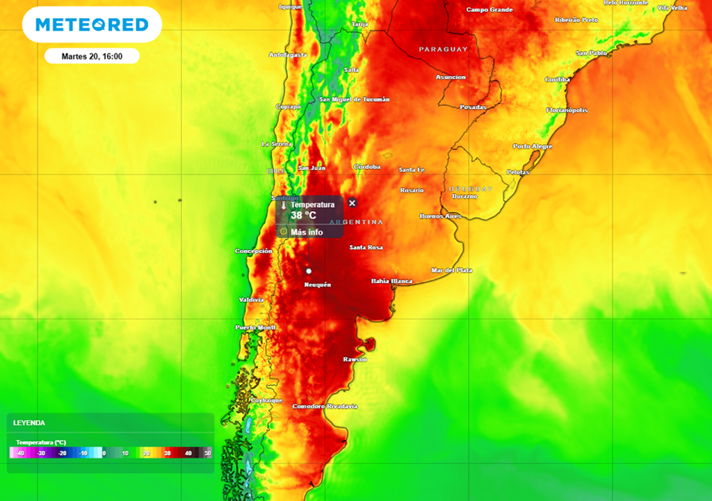 Temperaturas estimadas para la tarde del martes 20 de enero. Se destaca el núcleo de calor en el norte de la Patagonia y sur de la región Pampeana. Simulación ECMWF.