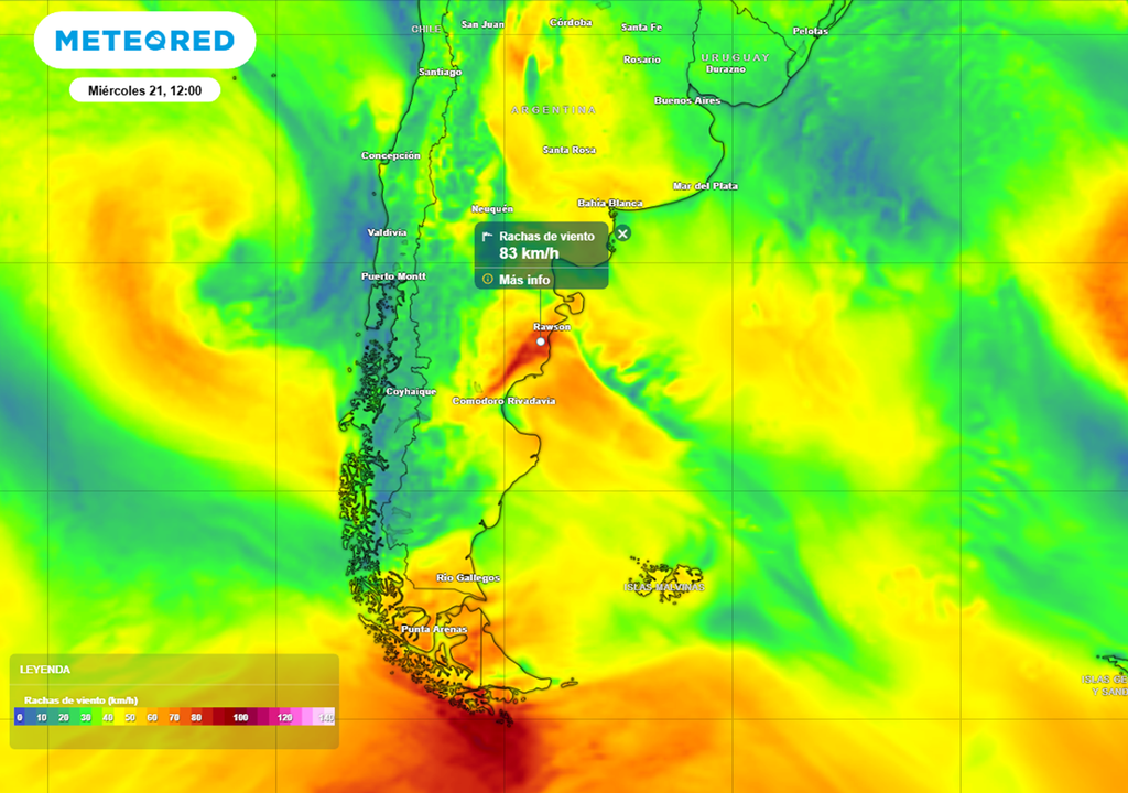 Simulación de las ráfagas de viento del miércoles 21, rige alerta en el este de Chubut por ráfagas cercanas a los 90 km/h. El viento fuerte del norte rotará del sur con el avance del frente frío. Mapa: Simulación ECMWF
