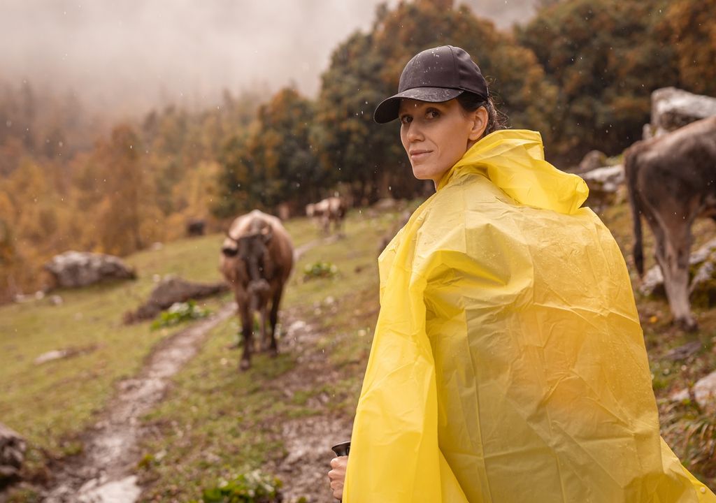 Mujer mirando a la cámara, impermeable amarillo, campo, cordillera, vaca.