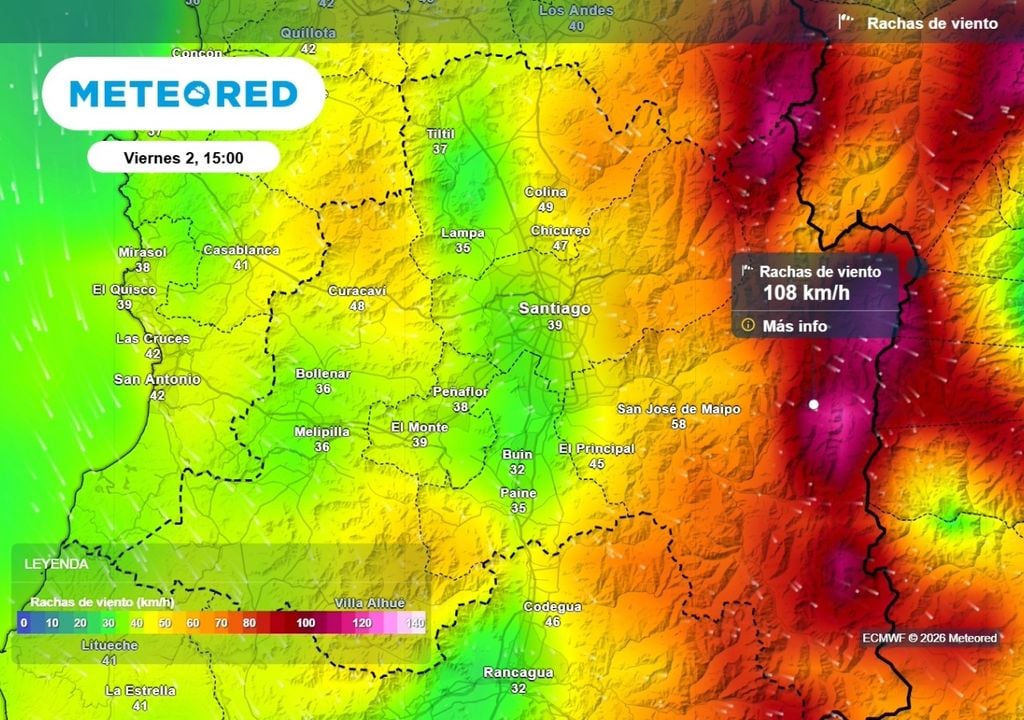 Rachas de viento Fuertes vientos acompañarían el sitema frontal el viernes: podrían superar los 100 km/h en zonas de la alta montaña.