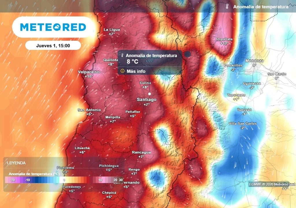 Temperaturas Mapas de anomalías de temperatura: este jueves 1 sería el día más cálido de la semana en Santiago con hasta 26 °C, según el ECMWF.