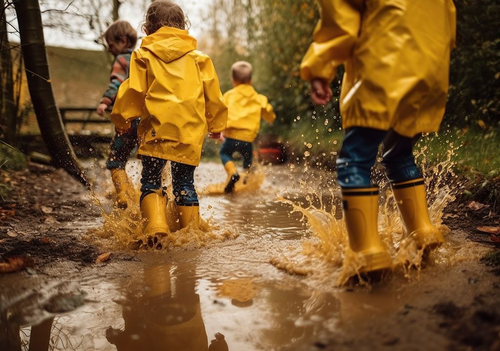 Niños jugando en el agua con botas de lluvia e impermeable