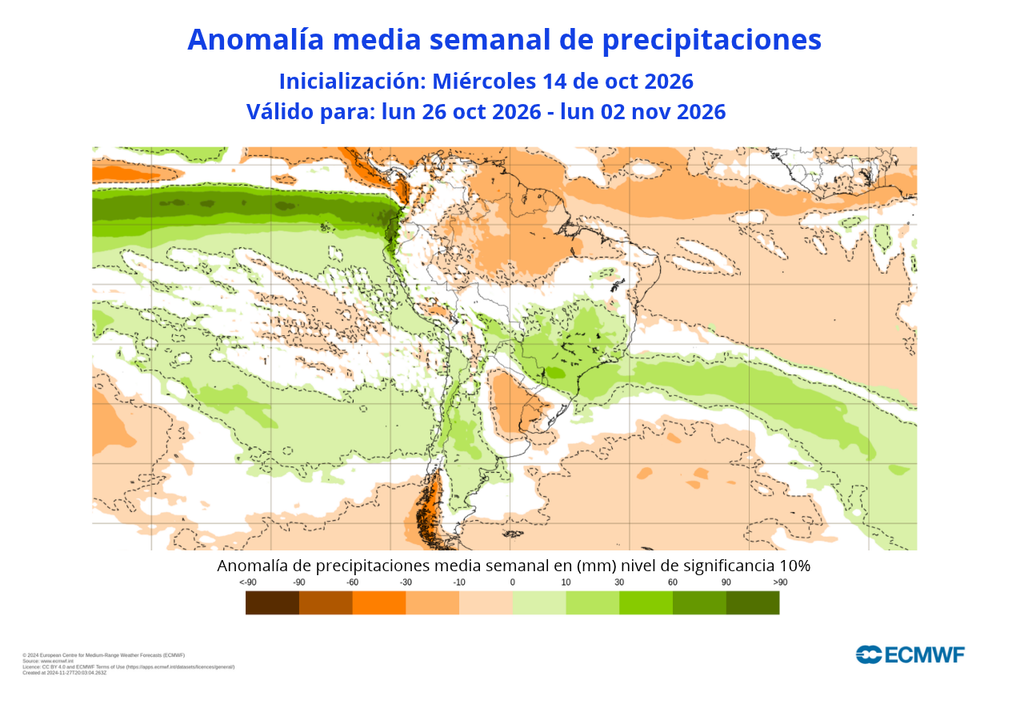 ECMWF Anomalías de precipitación La última semana de octubre podría seguir sorprendiendo con más lluvias en Santiago: otra señal positiva para las precipitaciones.