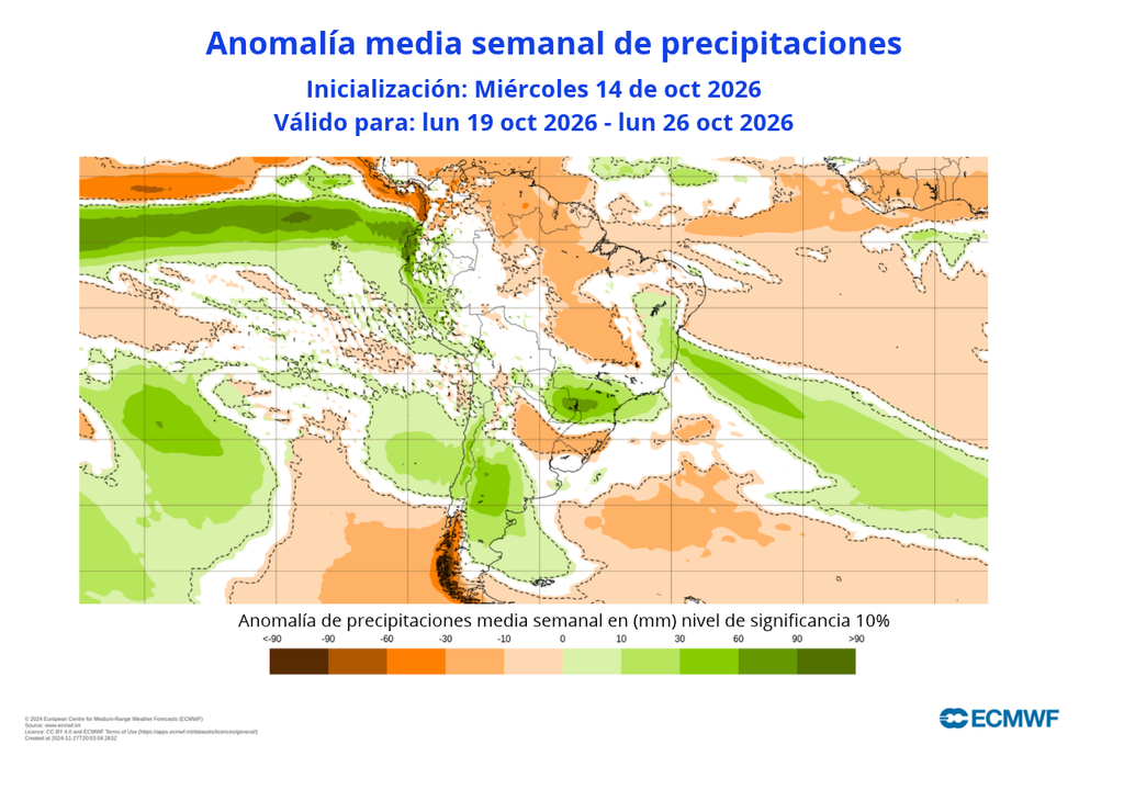 ECMWF Anomalías de precipitación Otra semana de octubre que llega con lluvias para Santiago: podrían volver con gran inestabilidad atmosférica.