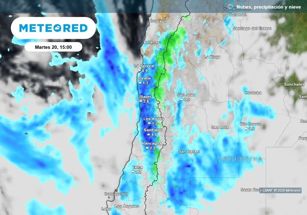 Lluvias ECMWF: la róxima semana llegarían más lluvias importantes a la Región Metropolitana, lo que permitirá el aumento de los acumulados de octubre.