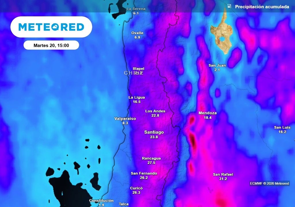 Precipitación acumulada Las lluvias de la próxima semana no solo alcanzarían Santiago, sino también llegarían hasta regiones del norte del país.