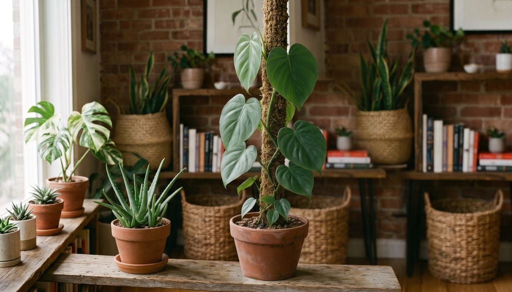 plantas El Philodendron cordatum cultivado con tutor de musgo desarrolla hojas mucho más grandes al trepar.