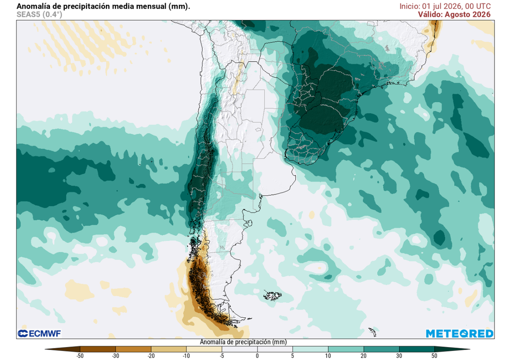Agosto sería un mes lluvioso en la mayor parte de Chile, pronóstico de Meteored Anomalía de precipitación (mm) para agosto 2026 en Chile. Sobre los valores climatológicos normales (tonos verde), bajo los valores climatológicos normales (tonos marrón) y en torno a los valores climatológicos normales (color blanco).
