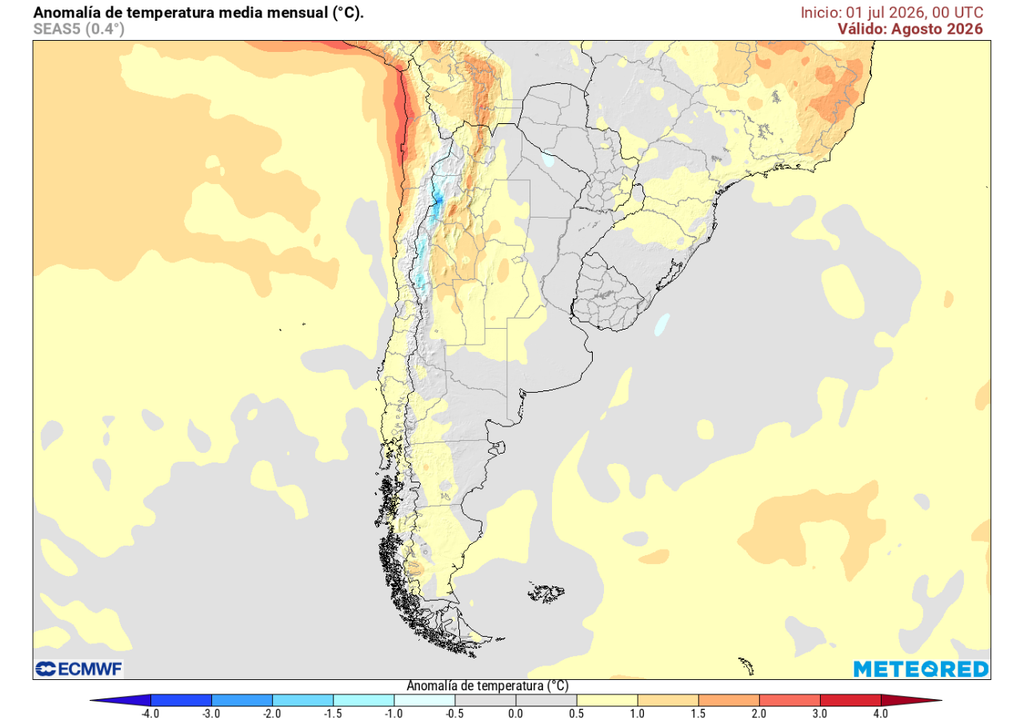 Pronóstico de Meteored para la temperatura en Chile durante agosto Anomalía de temperatura (°C) para agosto 2026. Sobre los valores climatológicos normales (tonos rojo), bajo los valores climatológicos normales (tonos azul) y en torno a los valores climatológicos normales (color gris).