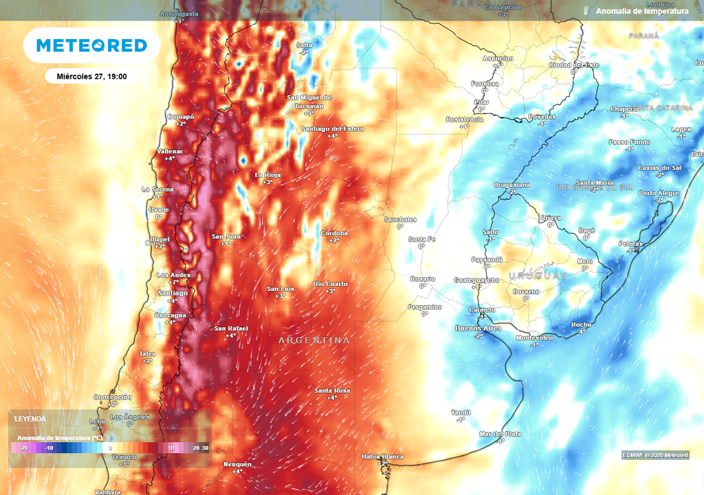 Pronóstico, Clima, Tiempo, Argentina, Temperaturas, Lluvias, Norte, Niebla, Visibilidad, Semanal, Estabilidad, Mayo, Precipitaciones, Humedad Anomalía de temperatura prevista para el próximo miércoles según el modelo ECMWF