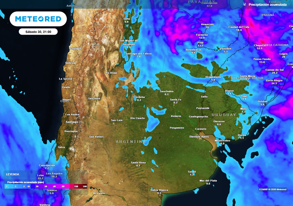Pronóstico, Clima, Tiempo, Argentina, Temperaturas, Lluvias, Norte, Niebla, Visibilidad, Semanal, Estabilidad, Mayo, Precipitaciones, Humedad Acumulados de lluvia previstos hasta el próximo sábado según nuestro modelo de referencia ECMWF