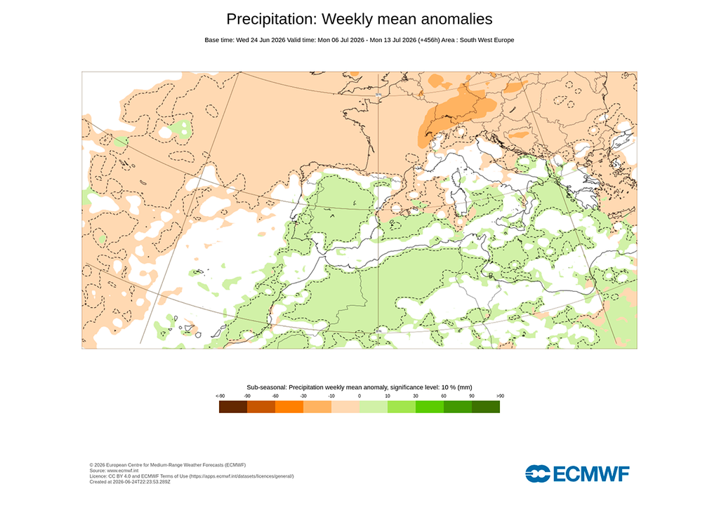 Anomalías de precipitación previstas por el modelo europeo en la primera mitad del mes de julio.