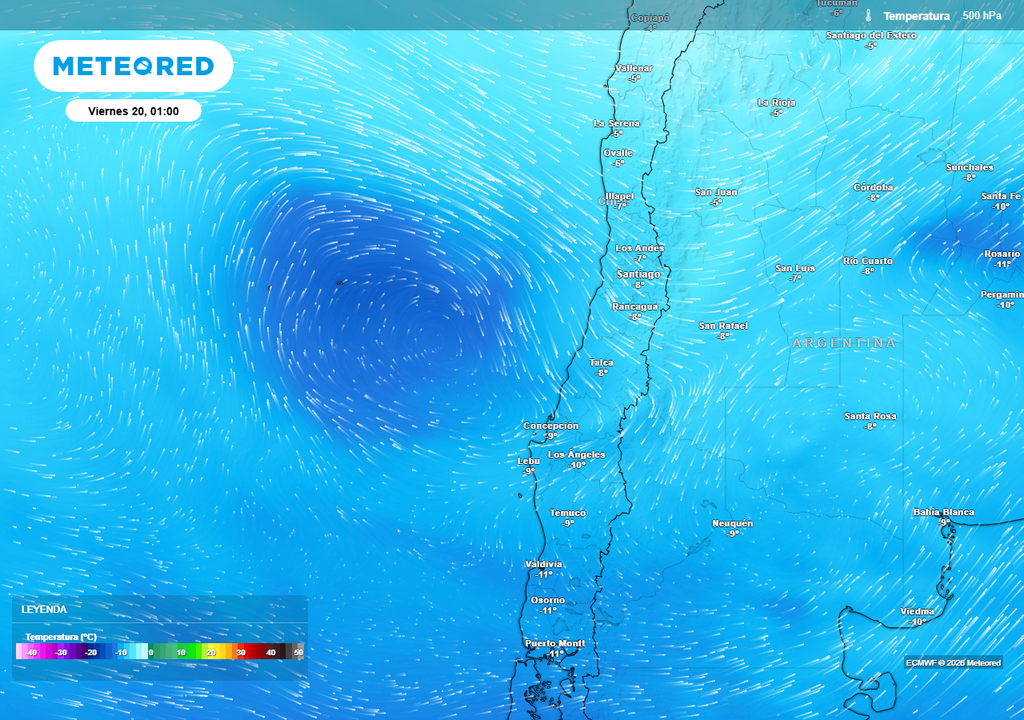 Pronóstico de Meteored para Chile centro sur Posición del núcleo frío en altura (círculo azul) para la madrugada del viernes 20 de febrero 2026.