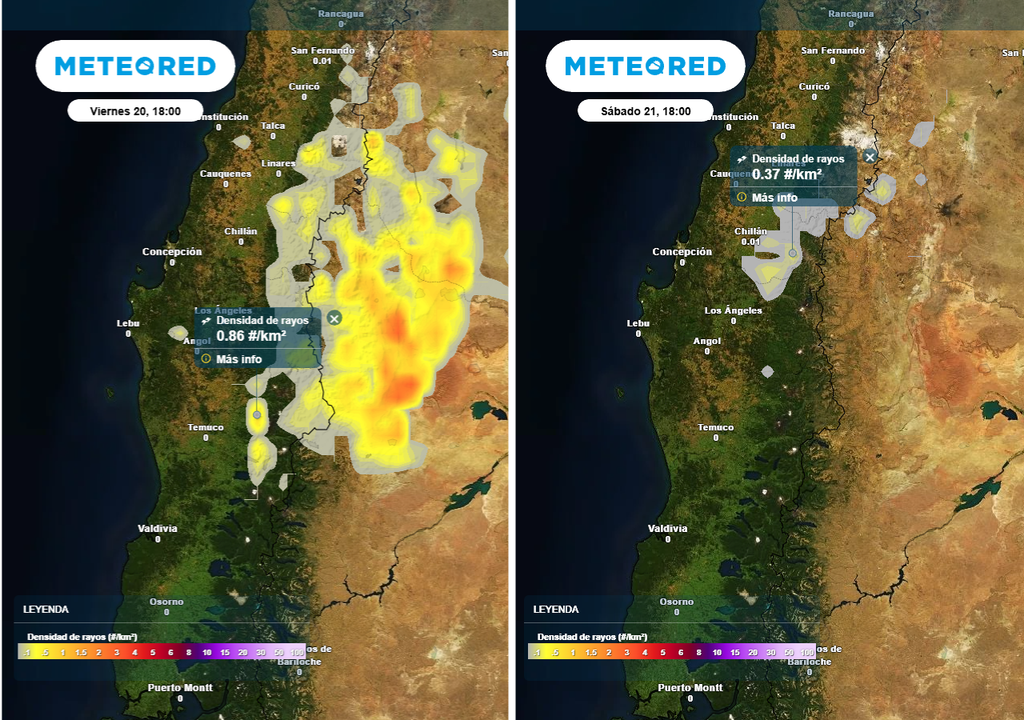 Pronóstico de Meteored para Chile centro sur Densidad de rayos (#/km2) para las tardes de los días viernes 20 (imagen izquierda) y sábado 21 de febrero 2026 (imagen derecha) en Chile centro-sur.
