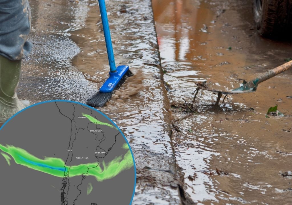imagen de personas limpiando el barro y agua acumulado de calles, y un nuevo río atmosférico previsto para Chile, dentro de un círculo en el canto izquierdo de la imagen
