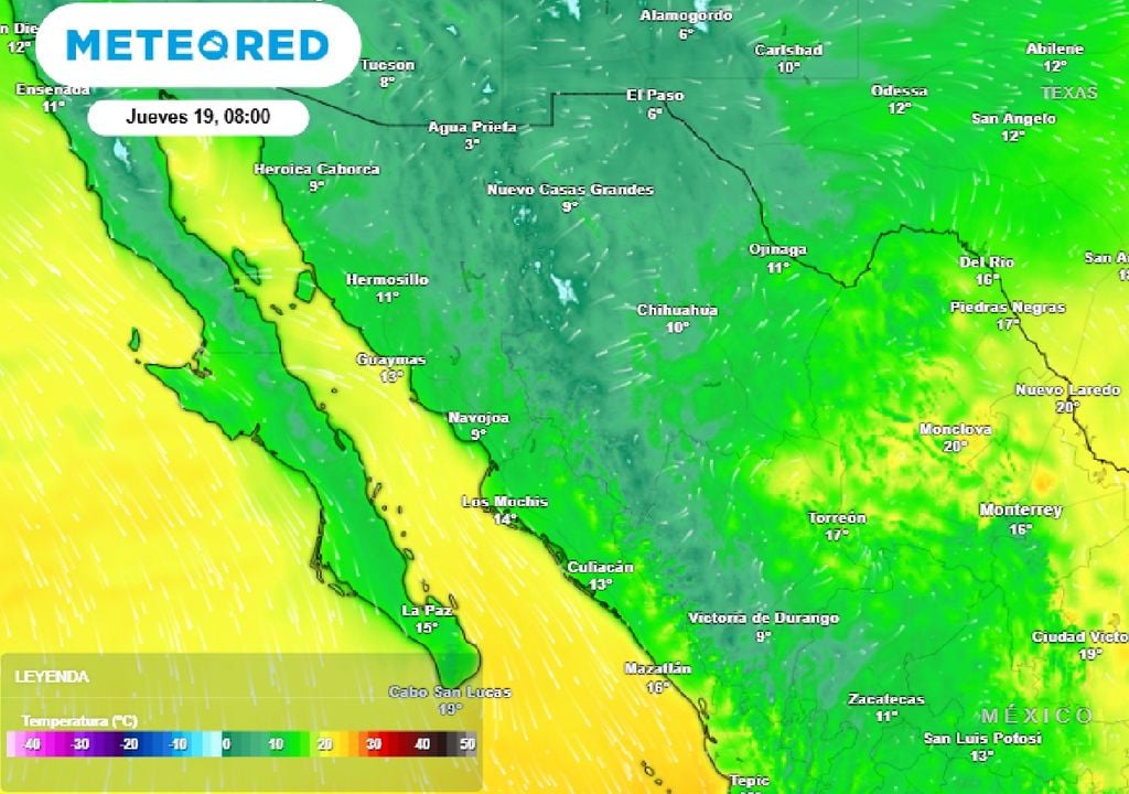 Contrastante comportamiento de los valores mínimos de temperatura entre el Noreste y Noroeste del país.