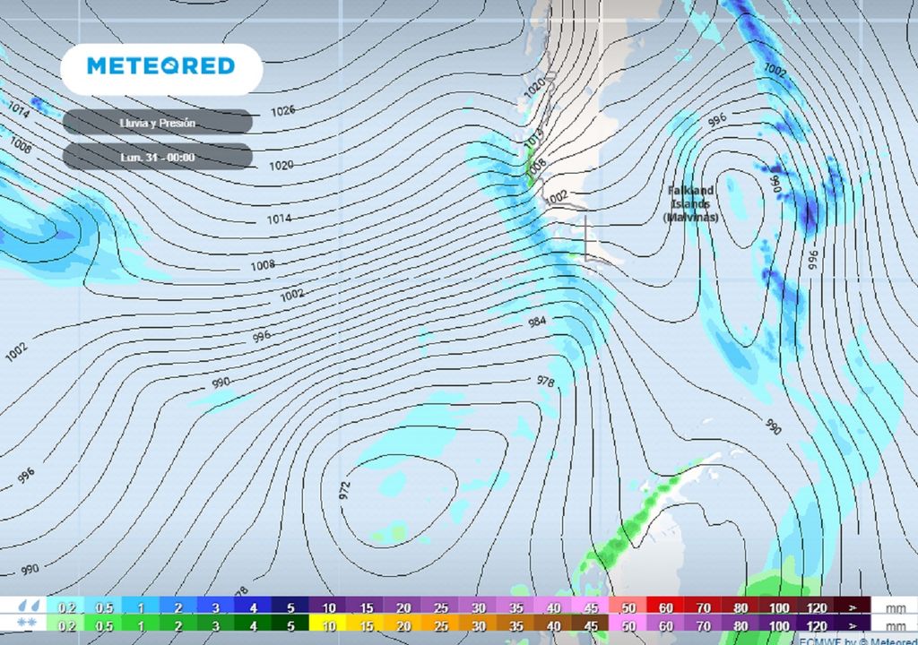 Presión y precipitación prevista; modelo ECMWF Presión y precipitación prevista; modelo ECMWF