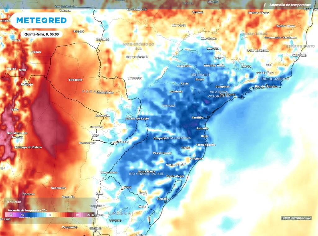 Anomalia de temperatura em superfície. Previsão mostra que ar frio ainda estará presente nas camadas mais baixas da atmosfera deixando o amanhecer gelado em áreas do Centro-Sul do Brasil.